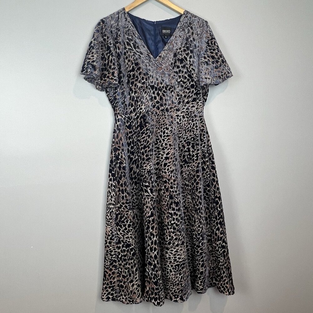 Bigio Collection Blue Tan Dress Size 6 Burnout Flutter Short Sleeves Fit Flare